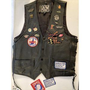 A-1 Black Biker Ladie’s Size 36 Leather Vest Pins /Patches Side Lace Up W/Snaps